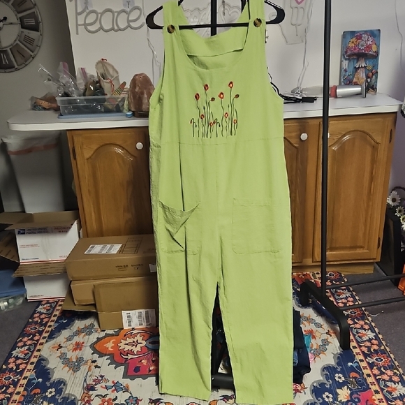 Pants - Vibrant Green Jumpsuit with Floral Embroidery and Adjustable Straps